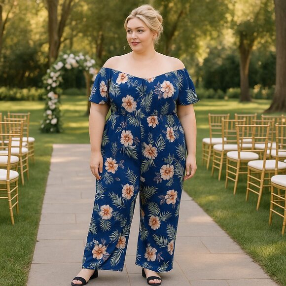 New Floral Off-Shoulder Jumpsuit Size 2X Navy Blue Tropical Print Wedding Guest - Picture 1 of 6